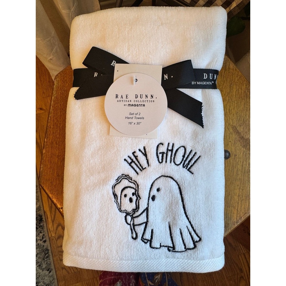 Rae Dunn HEY GHOUL towel set of 2 ghost Halloween white & black